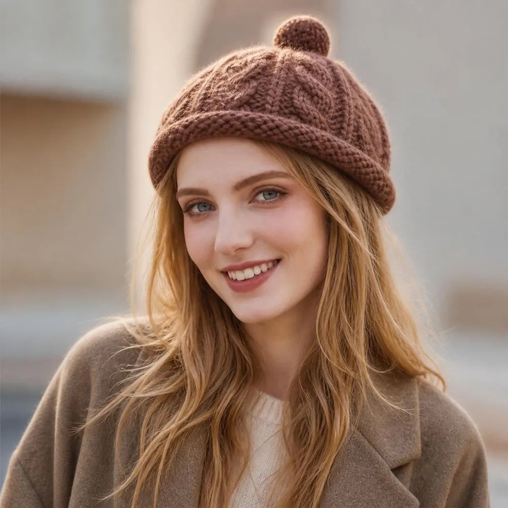 Fashion Autumn Winter Beanie Hat Warm Solid Color Knitted Hat Thickened Windproof Melon-shaped Hat for Women