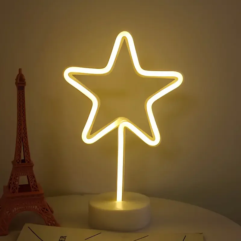 Letrero de luz de neón de estrella 2025, luces LED de diseño, luces de figura alimentadas por USB y con batería, decoración del hogar, luces de noche de mesa
