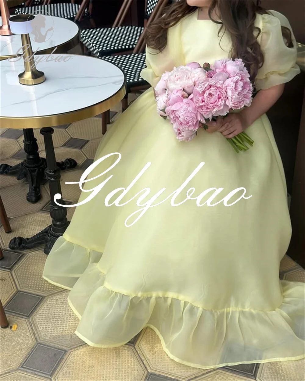 

Simple Summer Wedding Party Flower Girl Dress Bow Puff Sleeve A Line Floor Length Princess First Communion Dress Customized