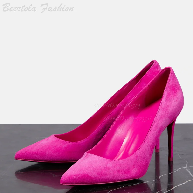 Zapatos de tacón de aguja para mujer, sandalias de gamuza púrpura, Punta puntiaguda brillante de pana fucsia, cubierta de zapatos de vestir negros de trabajo informal Sexy, 12Cm