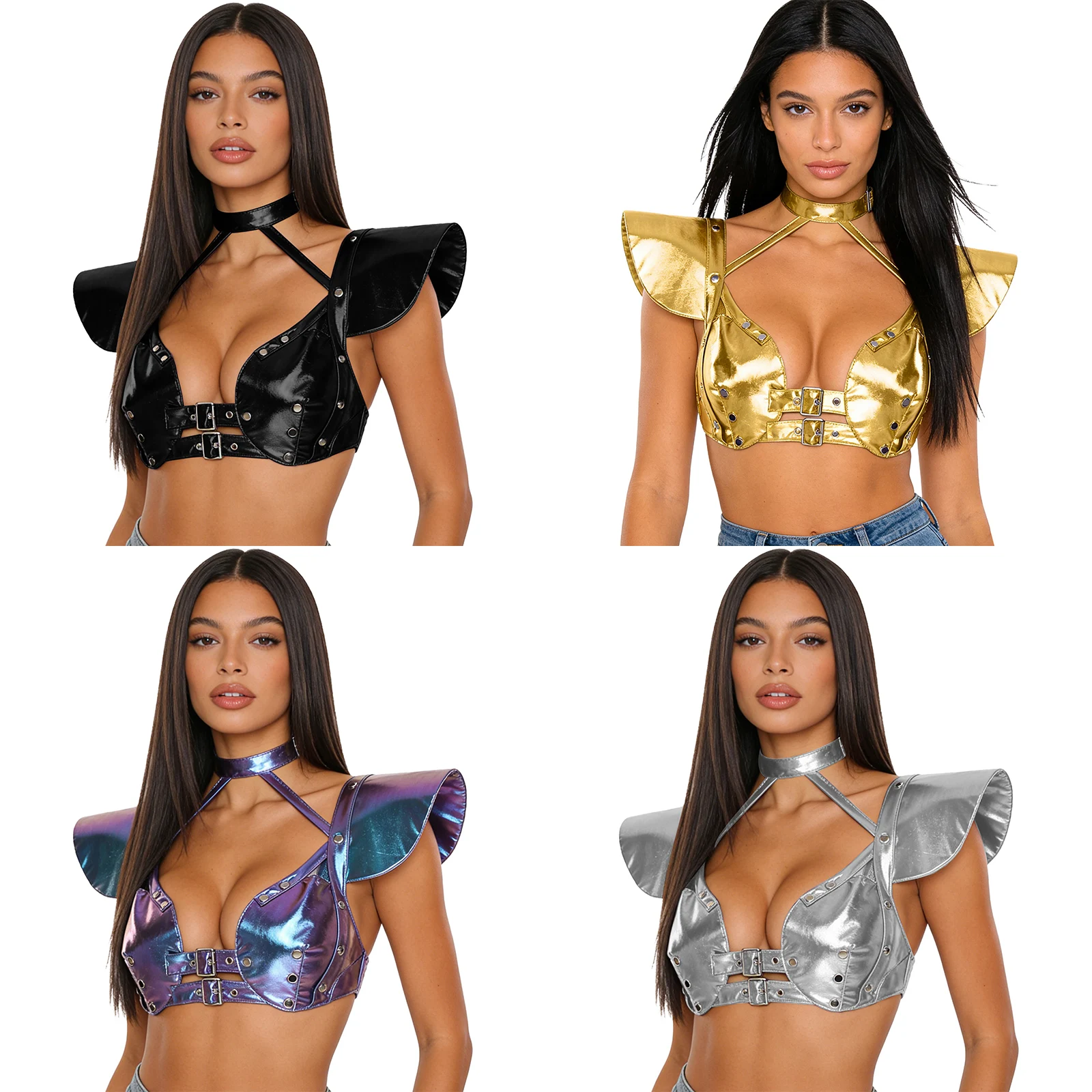 

Womens Alien Astronaut Metallic Crop Top Halter Fly Sleeve Studs Adjustable Buckles Corset Bustiers Shoulder Armor Costume