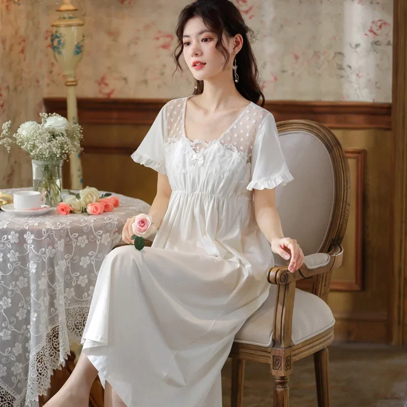 

Women Summer Lace Short Sleeve Sexy Peignoir Robe Victorian Nightgown Cotton Long Night Dress Princess Nightwear Fairy Sleepwear