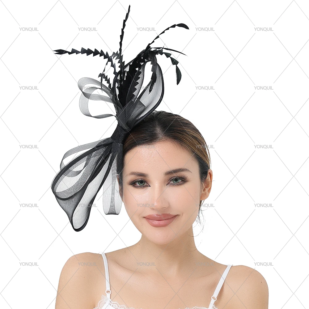 

Elegant Bow Fascinator Party Hats Wedding Headwear Bride Hair Accessories Feather Pillbox Cap Derby Headdress Cap