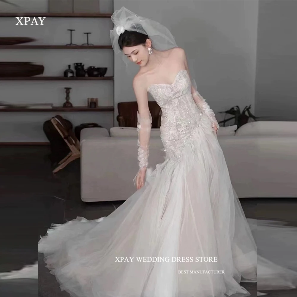 XPAY-vestidos de novia de sirena de tul de encaje, elegantes vestidos de novia coreanos para sesión de fotos, escote Corazón, tren de barrido, bata de boda hecha a medida