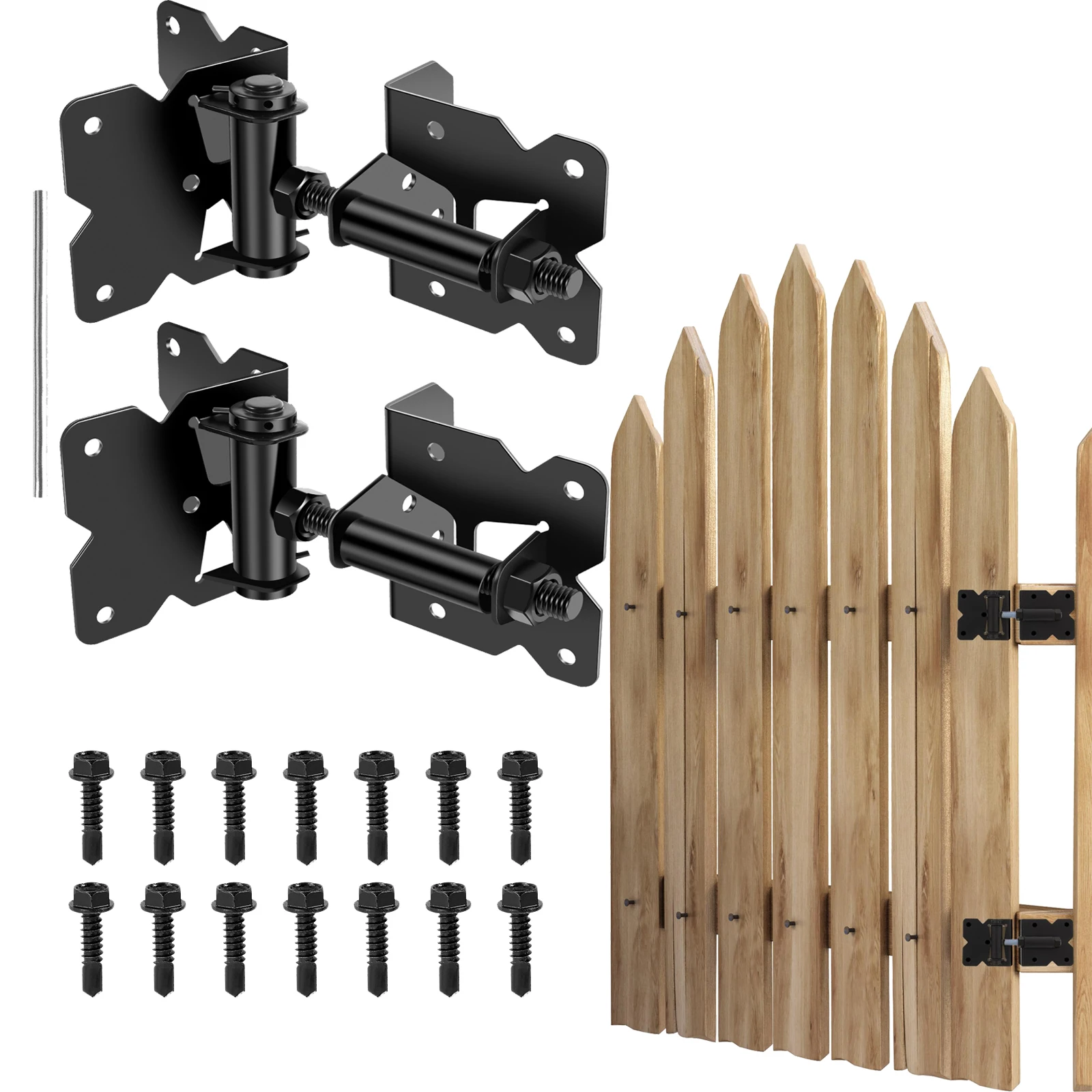 

Self Closing Gate Hinge Heavy Duty 90 Degree Adjustable with Installation Screws and Swing Adjuster Tool for Wooden/Vinyl/Fences