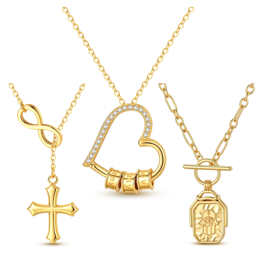 Exquisito Collar de Plata de Ley 925 con Corazón Dorado, Mano de Fátima y Cruz, Joyería de Regalo para Damas