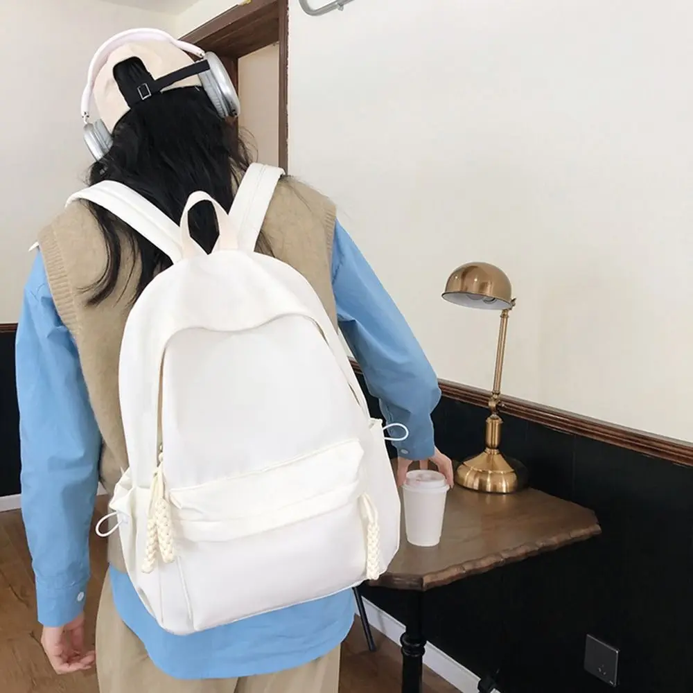 Portable Nylon School Shoulder Bag Solid Color Large Capacity Schoolbag Adjustable Backpack for Students