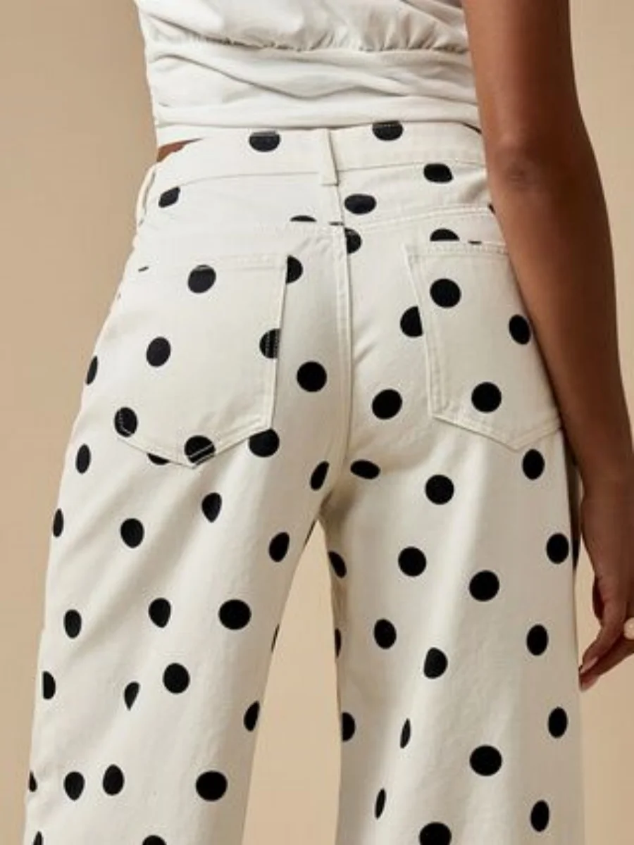 미국 스타일 레트로 물방울 무늬 프린트 와이드 레그 데님 팬츠 여성용, 2025 루즈 스트레이트 캐주얼 바지