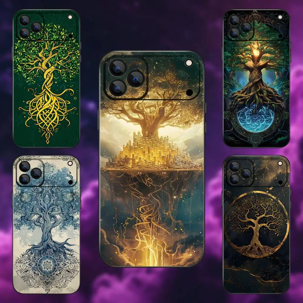 Funda de teléfono Árbol de la vida Yggdrasil para iPhone 17,16,15,14,13,12,Pro,Max,Plus,E,SE4,Air,Mini caja suave negra