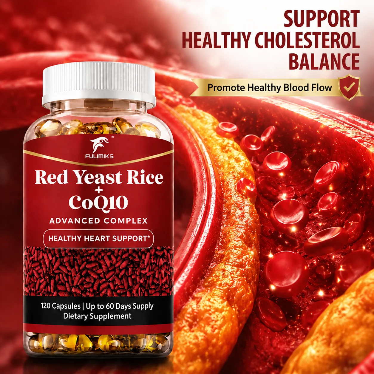 Red Yeast Rice with CoQ10 Supplement Support Cholesterol, Energy, Antioxidant, Heart, Lipid, Blood Sugar & Cardiovascular Health