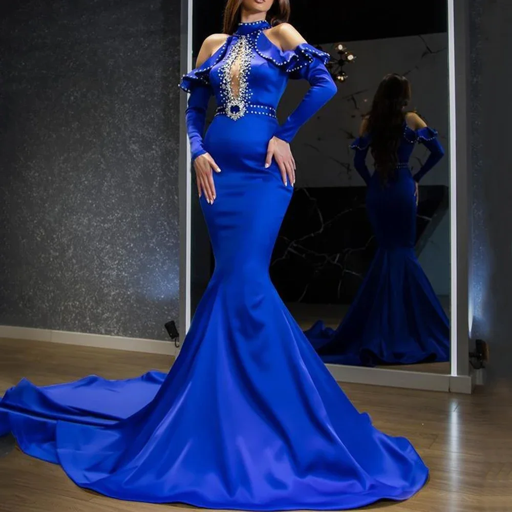 Flechazo Royal Blue Mermaid Evening Dress High Neck Off the Shoulder Long Sleeves with Pearls and Ruffles Classic Satin Gowns