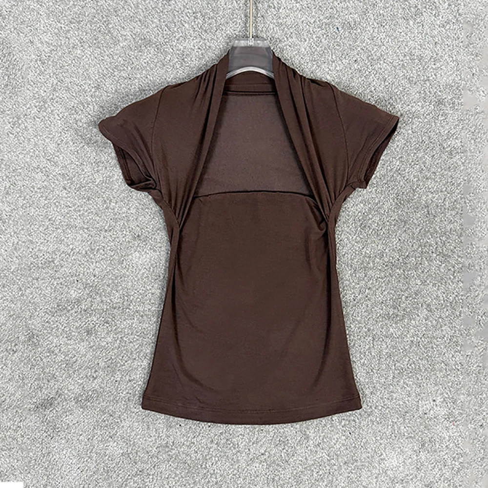 

Women Brown Wrap Neck Short Sleeve T-Shirt Slim Fit Ruched Front Blouse Casual Y2K Streetwear Basic Tee Top New Summer 2026
