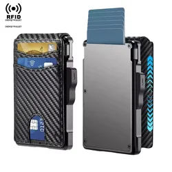 Portable Pop Up Credit Card Holder Mini Slim PU Leather RFID Blocking Bifold Wallet with Money Clip Smart Wallet for Men Cartera