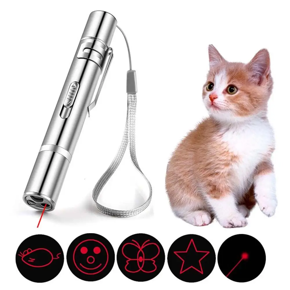 Cat Toys Laser Pointer 5 in 1 USB Recharge Laser Long Range Training Chaser Interactive Toy Dog Laser Pen Projection Flashlight