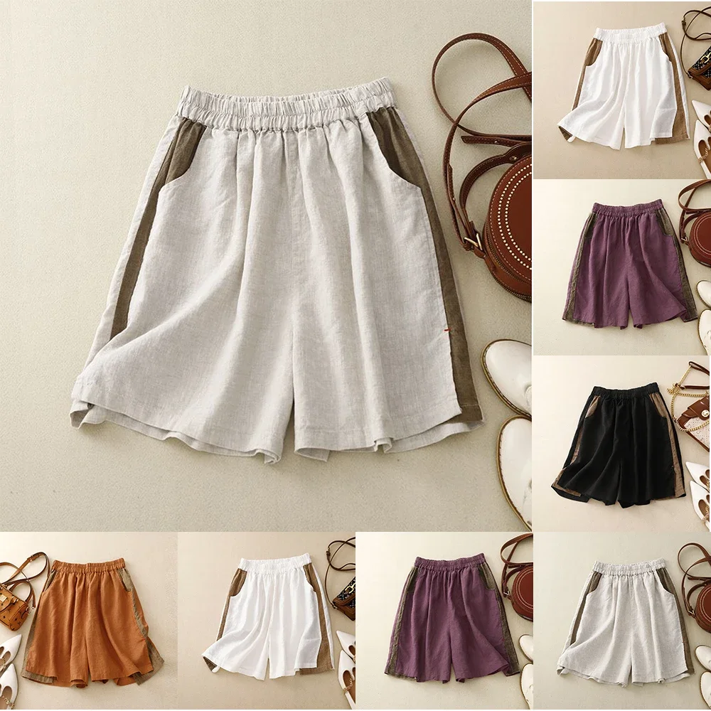 New Fashion Casual Spring 2025 Women's Side Color Blocking Thickened Linen A-Line Wide-leg Shorts [cotton Linen]Beach Hot Shorts