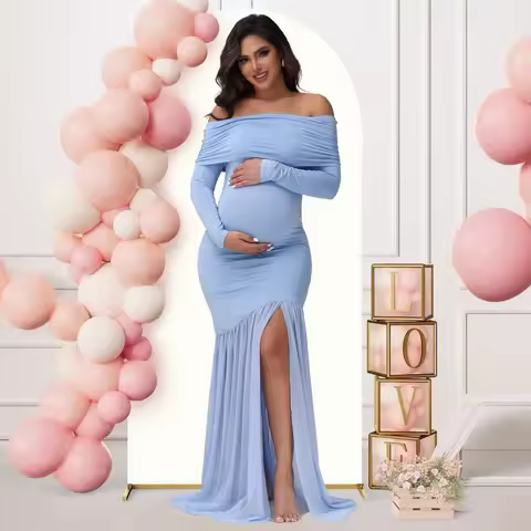 Dress for Pregnant Women Long-sleeved One-shoulder Maternity Clothing Eleganthip-mesh Tulle Evening Dress Pregnancy Clothes