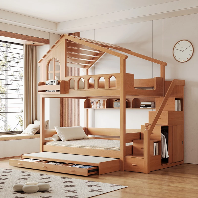 Full solid wood tree house bed Children's upper and lower beds Bunk beds Household high and low child and mother beds Upper and