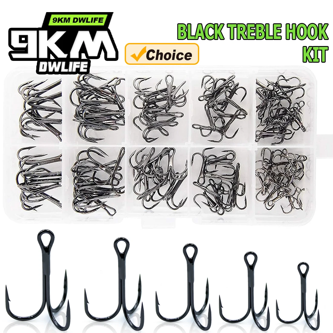 9KM Black Treble Hook Kit 50-150pcs Fishing Hook Black Nickle Hard Lure Replace Hook for Trout Bass Catfish Freshwater Saltwater