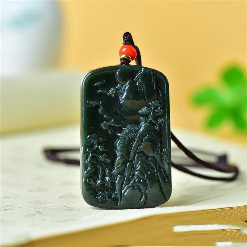 Natural Taqing Hetian Jade Landscape Ping 'an Simple Joker Pendant Jewelry for Men and Women