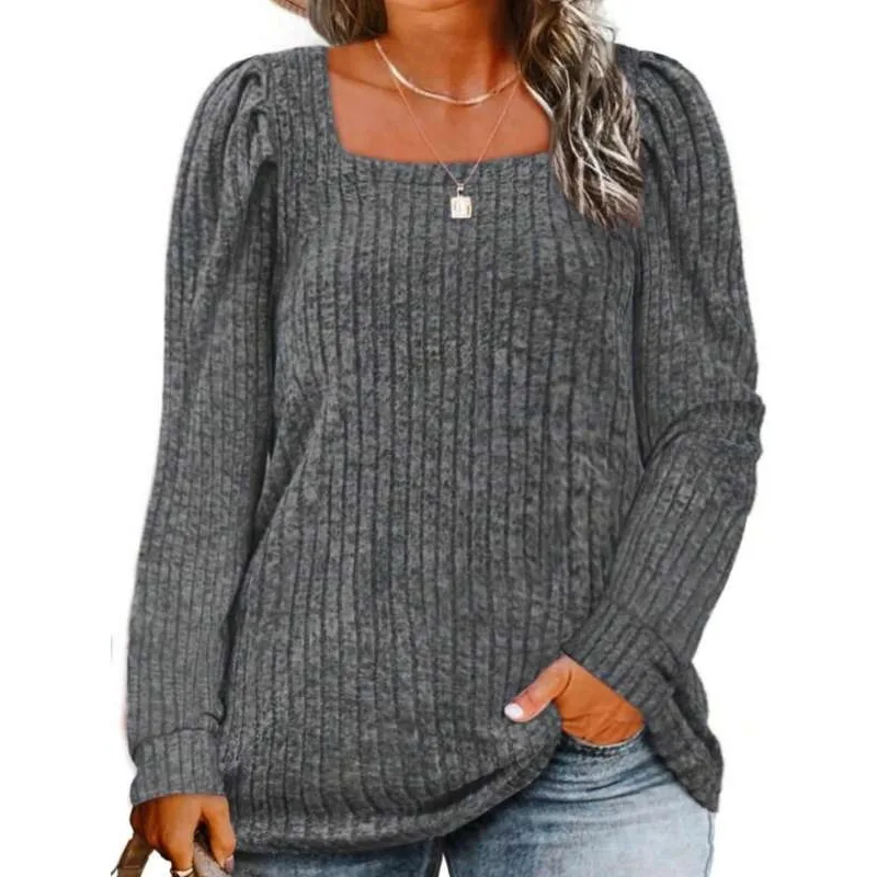 Plus Size 1XL-5XL New Women‘s Casual Long Sleeve Square Neck T-shirt Ladies Solid Color Fashion T-shirt Tops
