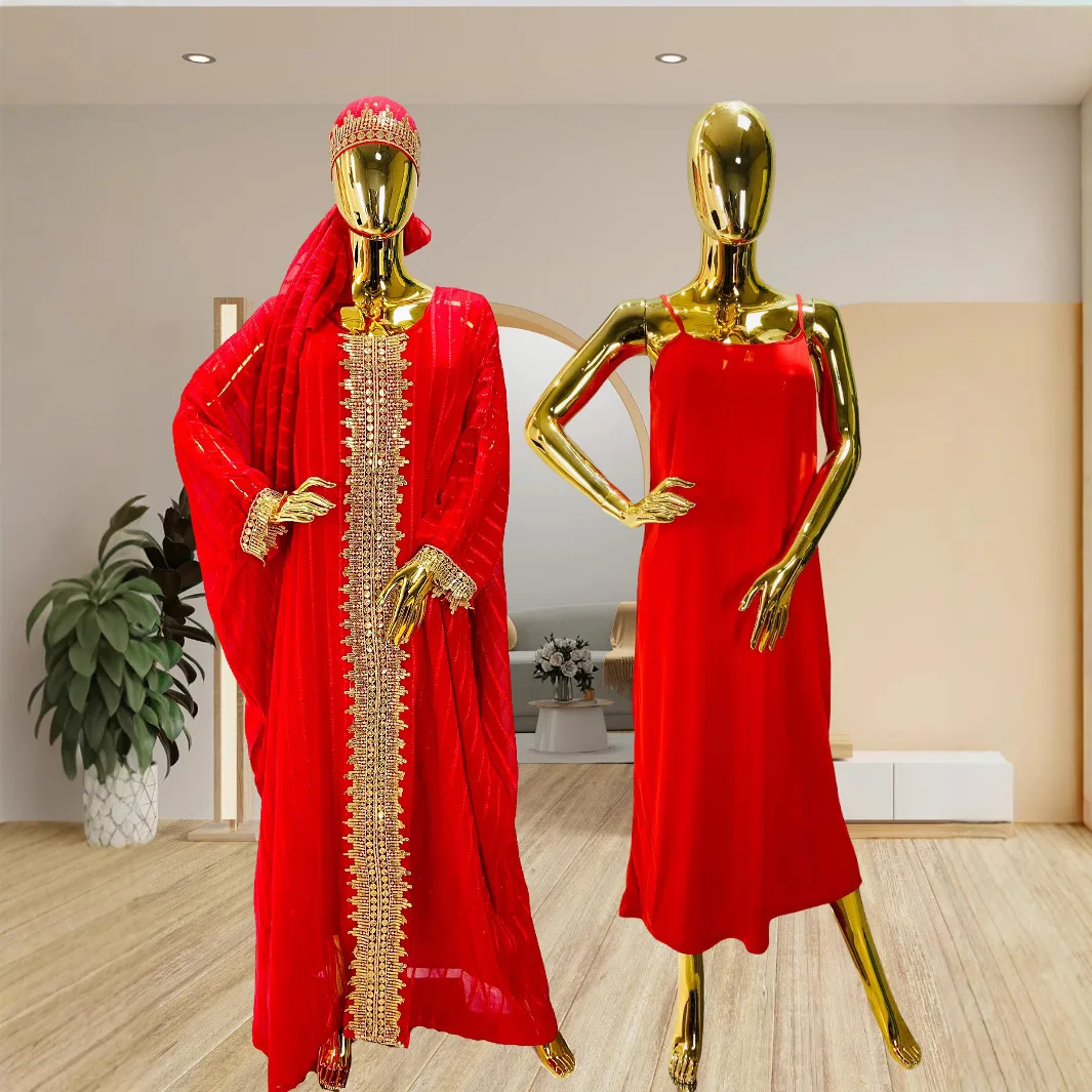 Abito da donna tradizionale africano retrò con nastro intrecciato Moda maniche svasate Abaya allentato Abito da cerimonia nuziale di lusso leggero musulmano