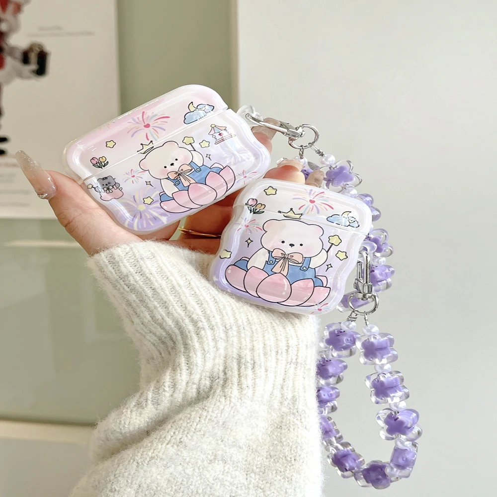 Cute Cartoon Bear Purple Earphone Case for Airpods 2 Pro Pro2 Airpods 3 airpods 4 Bracelet Wave Edge protective case Girls