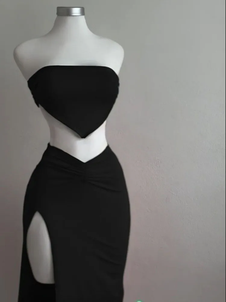Strapless Backless Crop Top High Waist Skirt 2 Piece Set Women Summer Sexy Slim Fit Split Midi Dress Tube Suits Party Club Sets