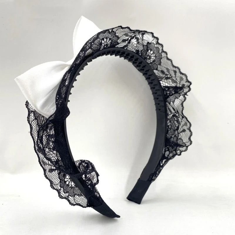 Women  Maid Headpiece Cosplay Hair Hoop Gothic Headband Black Lace & Bowknot Decorations Handmade Hair Accessory