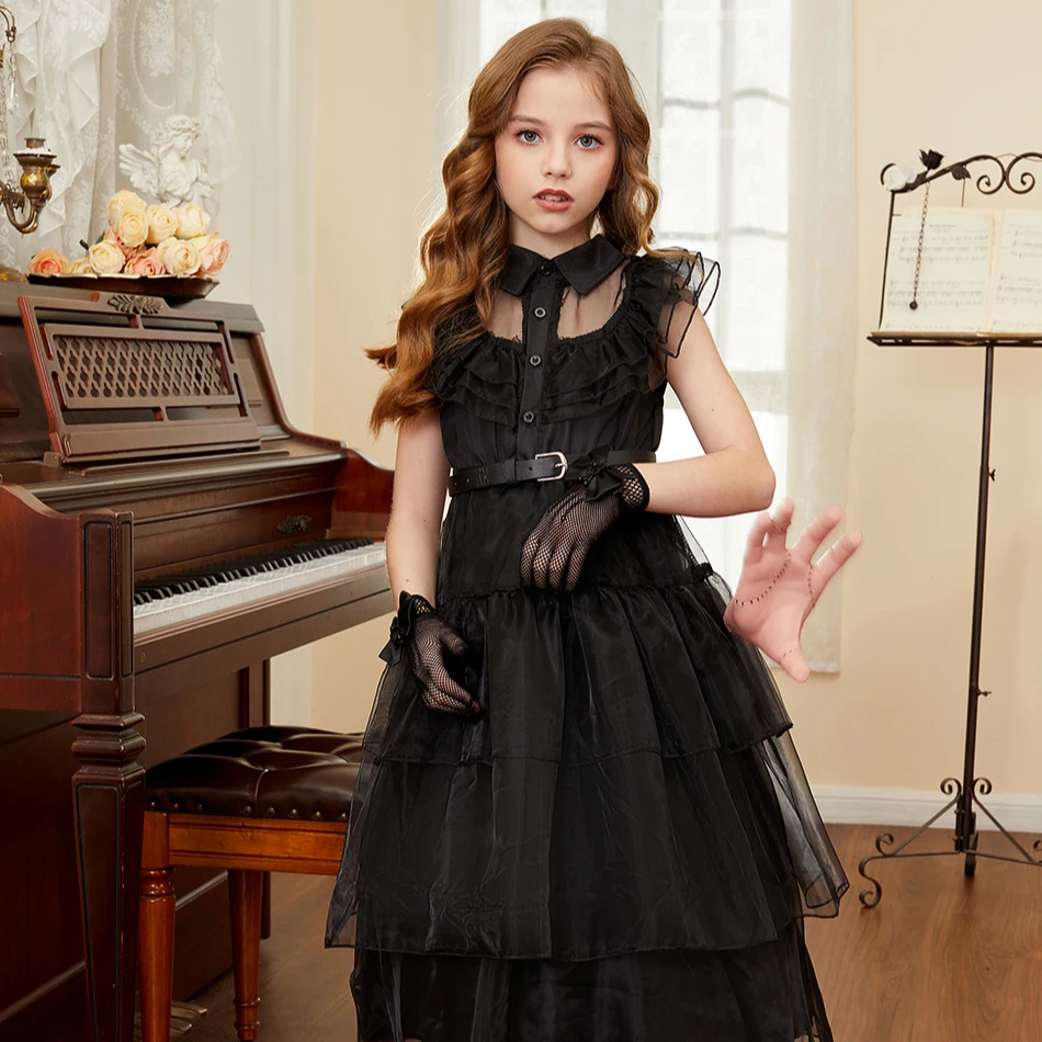 Little Girls Addams Dark สไตล์โกธิค Elegant Chic สีดําวันพุธคอสเพลย์ชุดเหมาะสําหรับปาร์ตี้ฮาโลวีนหลายโอกาส