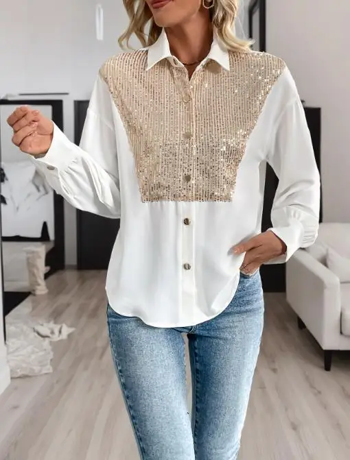 Frauen Hemd 2025, Herbst Neue Retro Party Modische Trend Pailletten Dekoration Langarm Hemd Street Fashion Retro Hemd