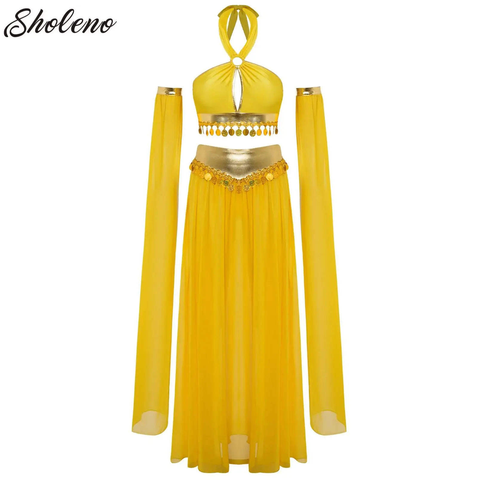 

Indian Belly Dance Costume for Women Crop Top+Long Skirt+Sleeves Adult Oriental Performance Costume Belly Dancing Practice Set