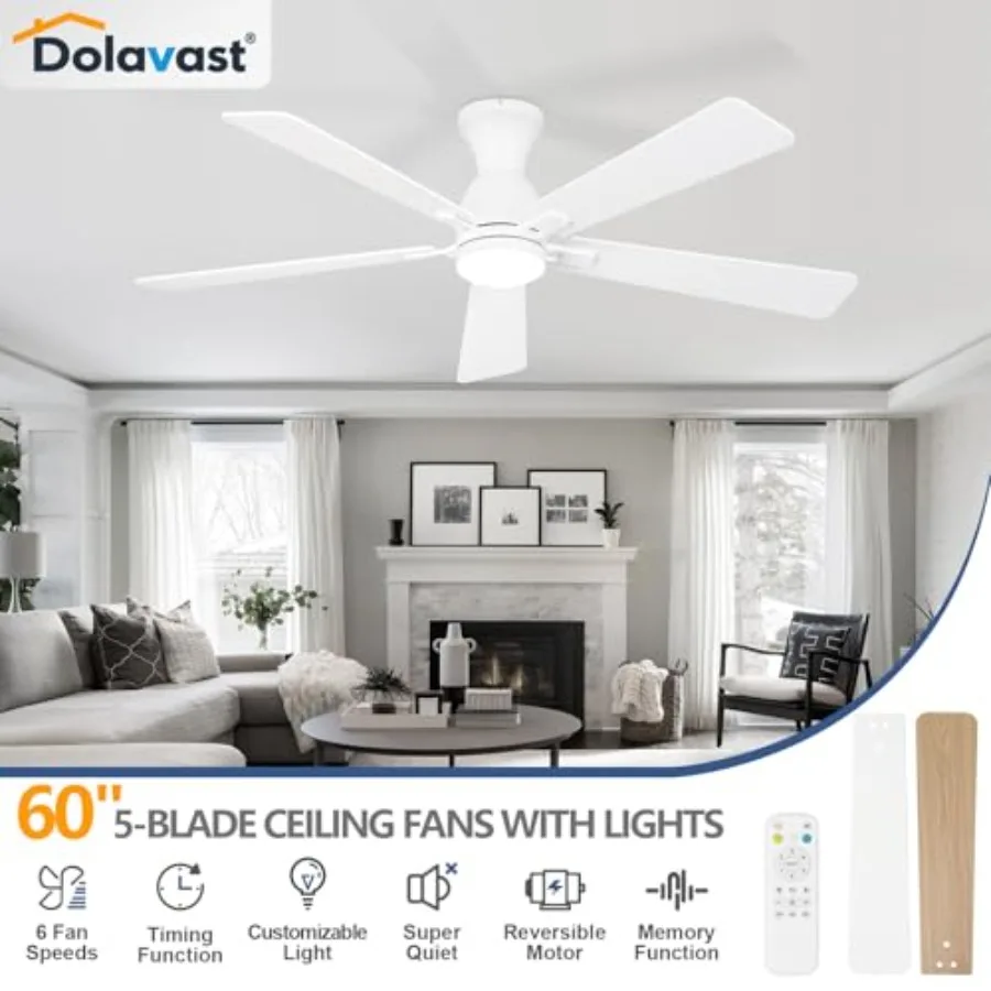 Ceiling fan with light for bedroom and living room, white low profile flush mount fan, 60 inch reversible quiet fan with dimmab