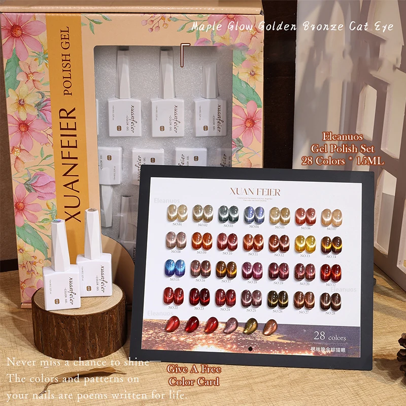 

Eleanuos Brown Cat's Eye gel 28PCS Mixed Semi permanent Varnish Autumn Winter Shiny Cat's Eye UV LED Nail Gel Salon Gold Set