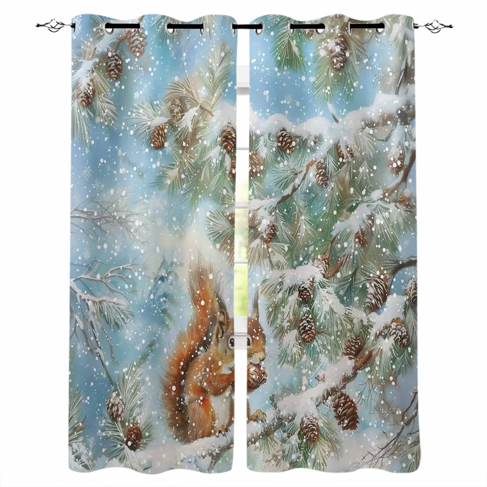 

Christmas Winter Squirrel Snowflake Pine Tree Blackout Curtains For Living Room Bedroom Window Treatment Blinds Drapes