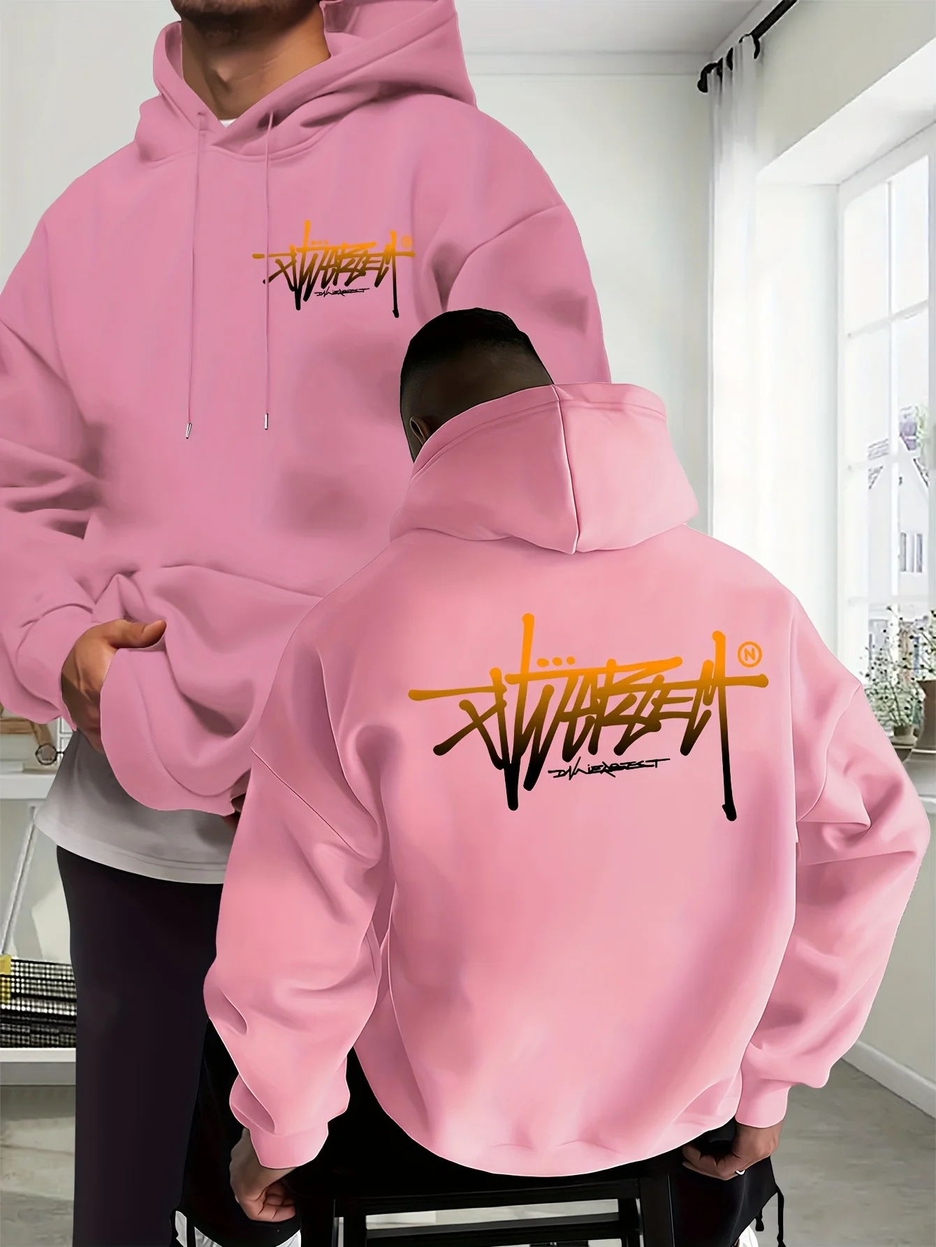 Autumn/Winter Men's European and American Style Hooded Sweatshirt Street Fashion Trend Gradient Letter Print Casual Comfortable