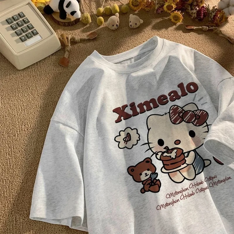 2024 Hello Kitty Sanrio T-shirt Kawaii Cartoon Print Cotton Tops O-neck Oversized Shirts Streetwear Splicing Top Women Clothing