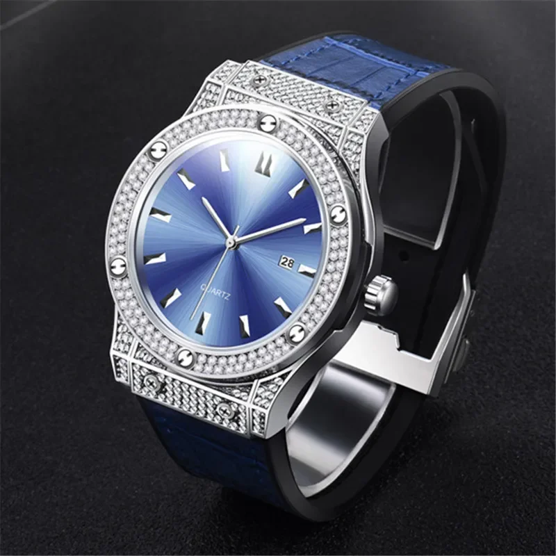 Hip Hop Bule Diamond Luxury Brand Mens Fashion Rubber Band Watch