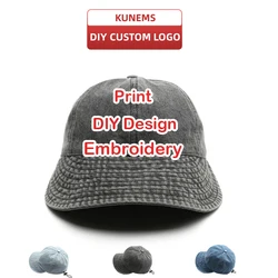 KUNEMS Custom Logo Embroidery Print Brand Washed Cotton Bucket Hat for Men and Women Design Denim Sun Hat Unisex Wholesale