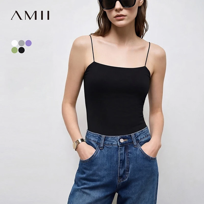 Amii Women's Tank 2026 Summer Stretch Slim Fit Crop Knit Spaghetti Strap Top Casual Versatile Sleeveless Vest For Women 12622088
