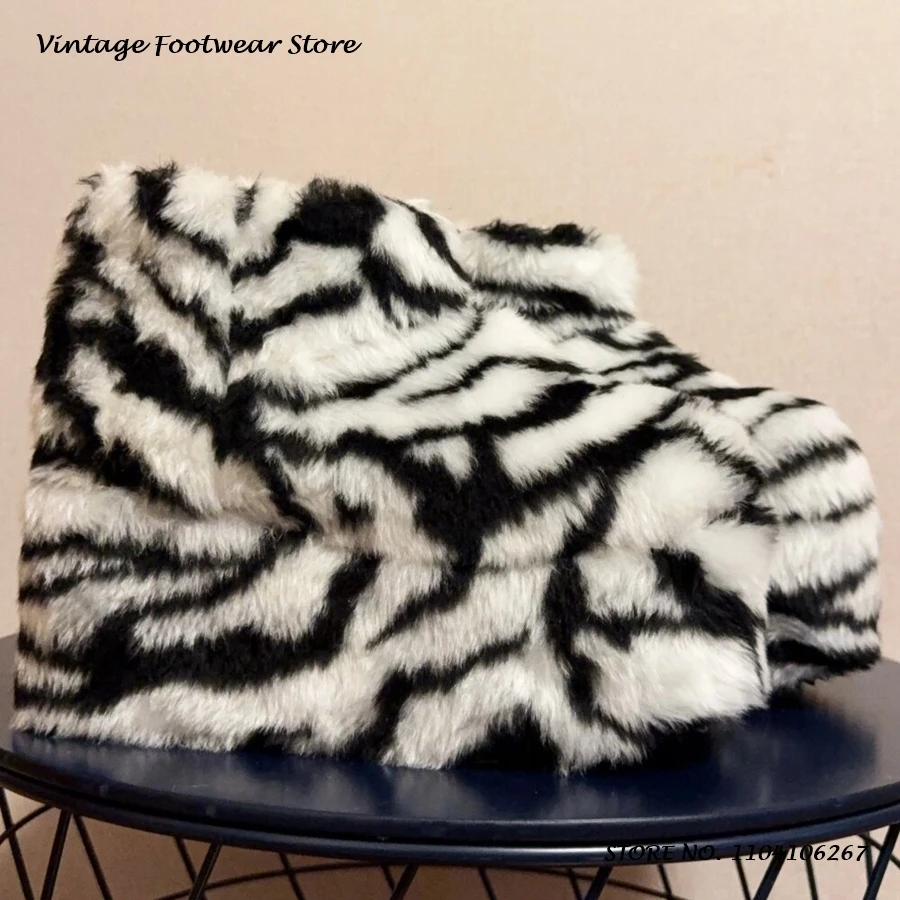 Winter Warm Furry Snow Boots Zebra Print Round Toe Height Increasing Ankle Boots Women's Street Style Casual Platform Shoes - view 5