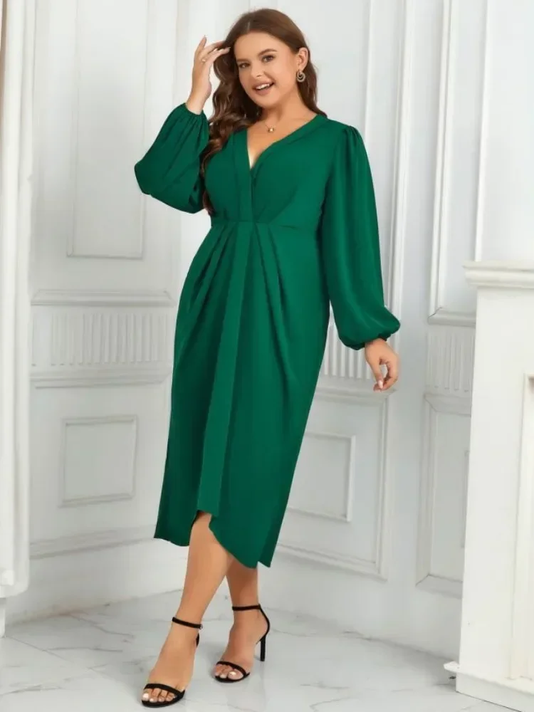 Plus Size Solid V Neck Women Dresses Puff Long Sleeves Ruched Robe Autumn Fall Sprimg Dress Elastic Waist Odzież Damska