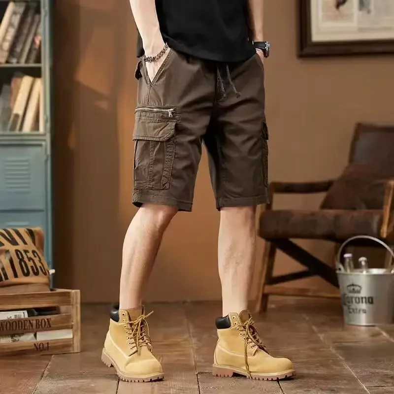 

Длинные широкие мужские шорты-карго с эластичной резинкой на талии, полусвободные однотонные бермуды с несколькими карманами, короткие брюки для мужчин Y2k