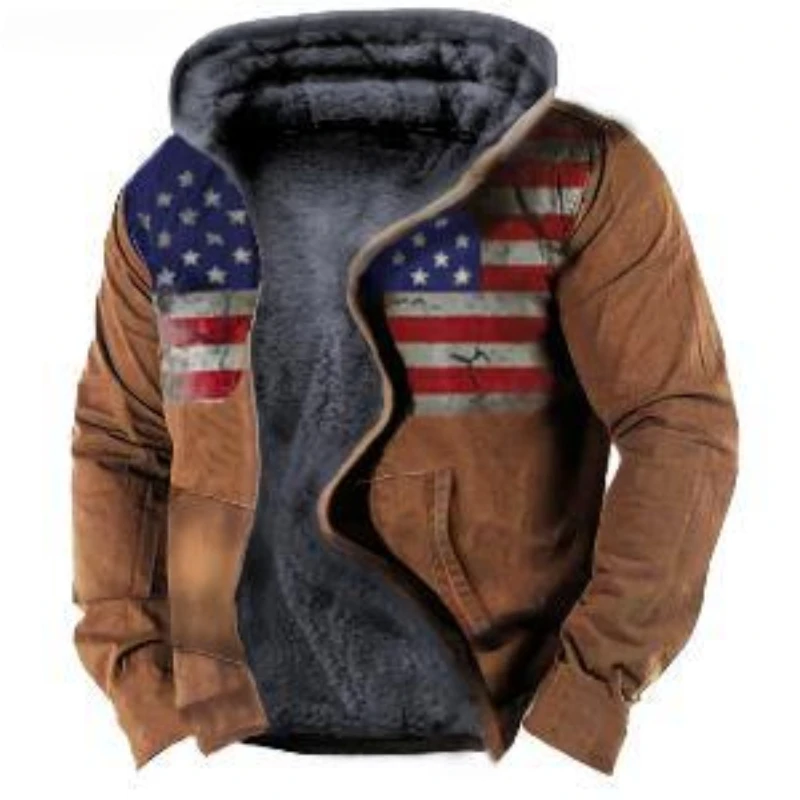 Men Print Warm Clothing Chaquetas Hombre Winter Men Pocket Jackets Fashion Casual Fleece Zipper Hooded Coat
