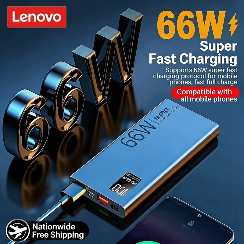 

Внешний аккумулятор Lenovo 66W Super Fast Charging Power Bank 20000 мАч, высокая емкость, двунаправленная быстрая зарядка, цифровой дисплей, мобильный источник питания