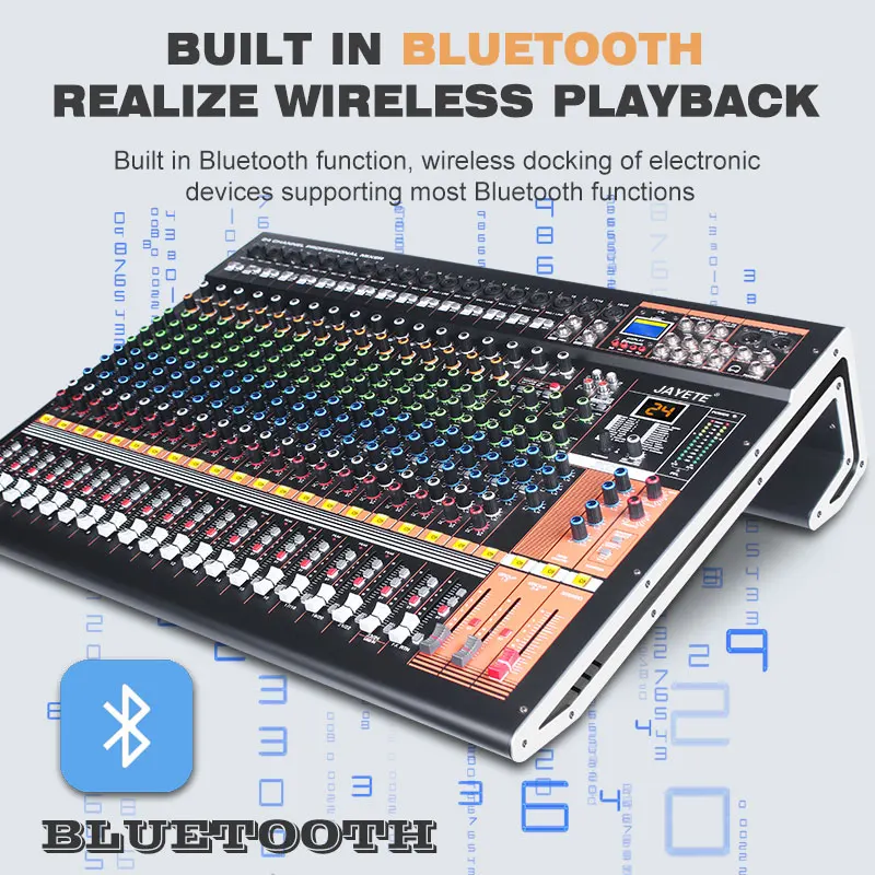 Pro Audio Interface Mixer Sound Equipment Speaker 24 Channel USB Live Stage Studio Audio Mixer Mixing DJ Console Stereo BT