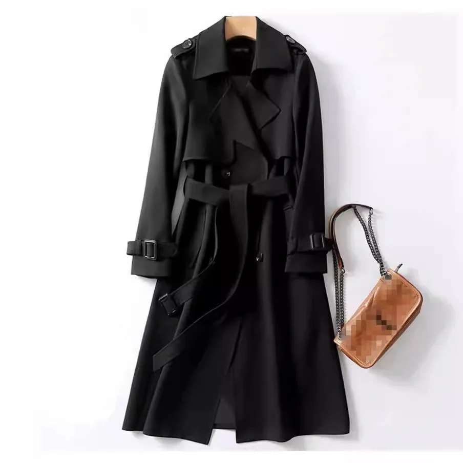 Trench Jackets Coat Women Mid Length Windbreaker Double Breasted Turndown Collar Belt Tight Waist Office Lady Autumn Overcoat