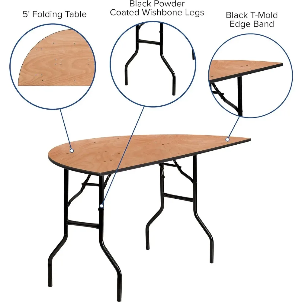 Table de banquet pliante demi-ronde en bois, coin confortable, table pour événements et attribuables, 5 pieds