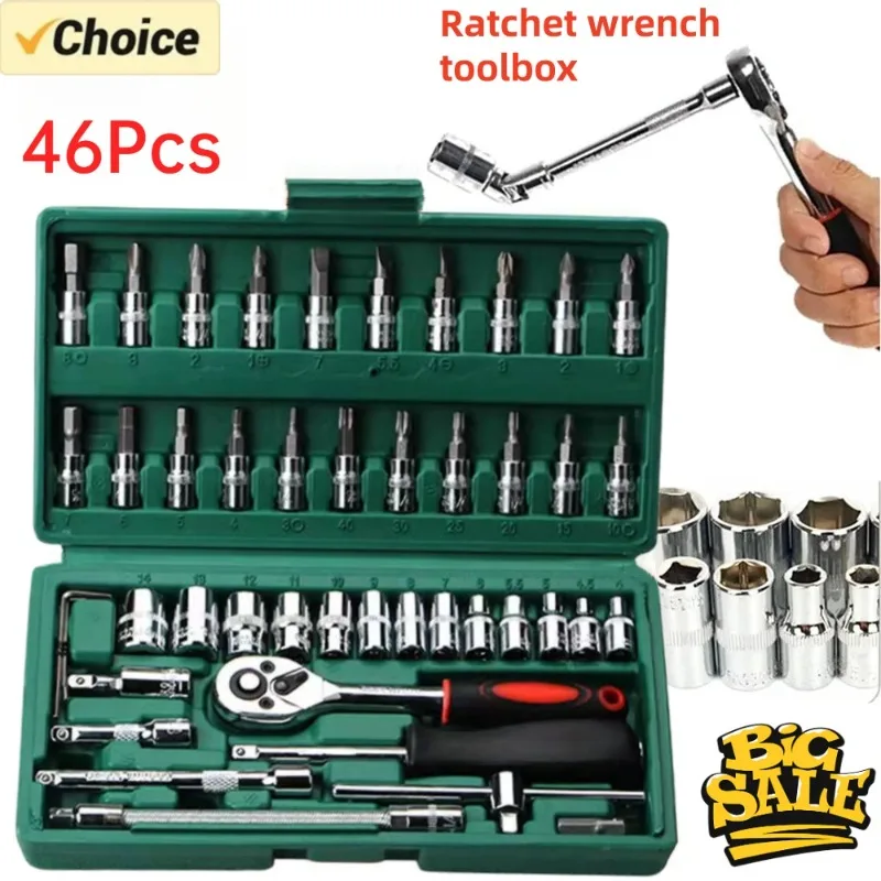 Conjunto de Ferramentas para Reparo de Carros com 46 Peças, Kit de Chave de Catraca de 1/4 de Polegada, Conjunto de Soquetes e Bits Métricos, Ferramentas de Manutenção Automotiva