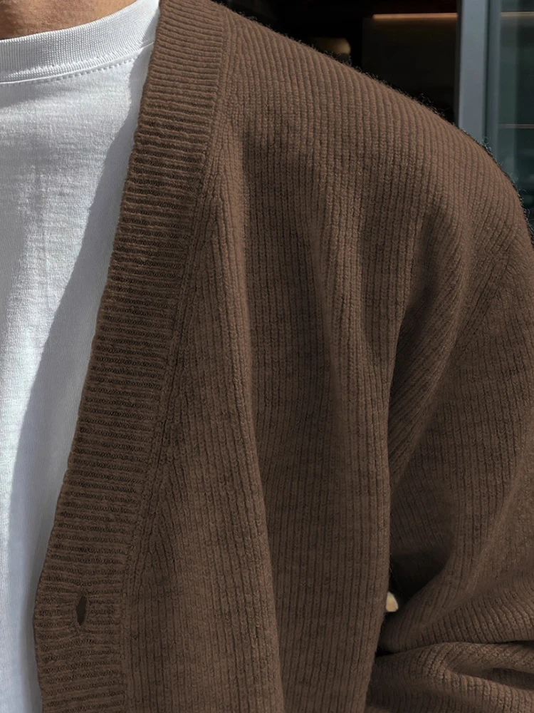 Fashionable Buttoned Knitted Coats Mens Casual Ribbed Texture Cardigan Men Fall Solid Color V Neck Long Sleeve Shirt Tops