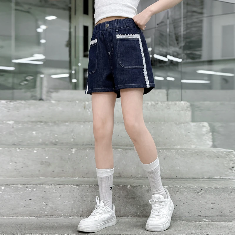 2025 New Summer Children Vintage Blue Plain Denim Shorts with Lace for Tween Girls Fashion Casual Mini Jeans Pants Kids 5-14 Y